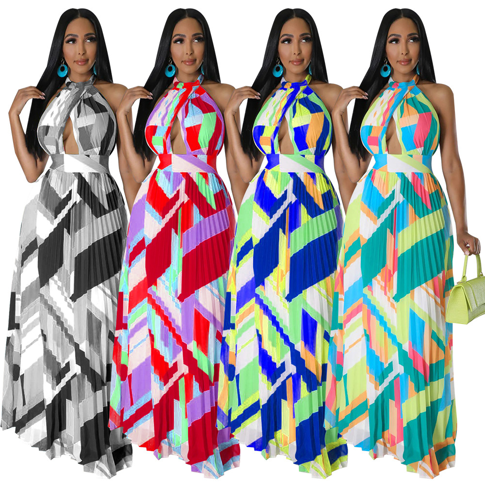 K10490 European and American Cross-border Amazon Women's Hanging Neck Backless Pleated Large Swing Skirt Printed Sleeveless dress in stock