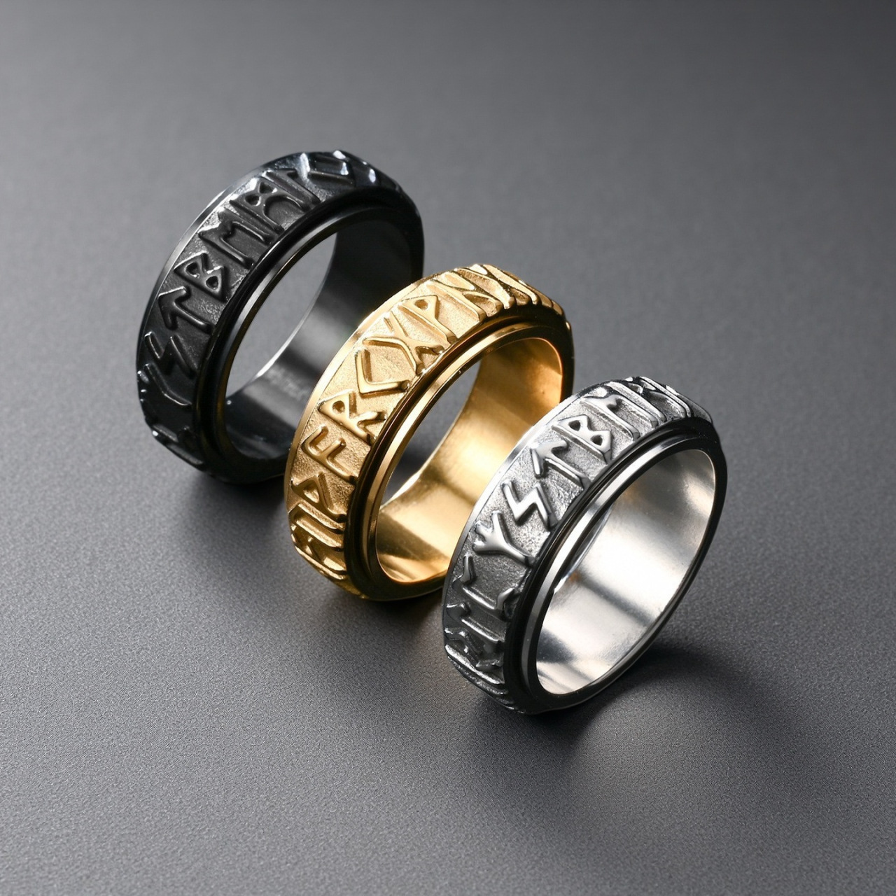 Amazon Wholesale Source: Rotatable Viking Text Titanium Steel Ring, Rotating Vintage European and American Cross-Border Popular Jewelry