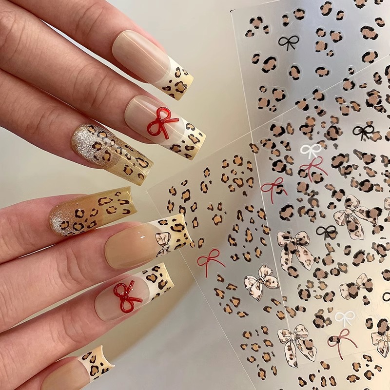 Leopard Print Bow Nail Stickers Sweet Cool Girl Style French Leopard Print Pink Brown Cute Nail Stickers Decoration