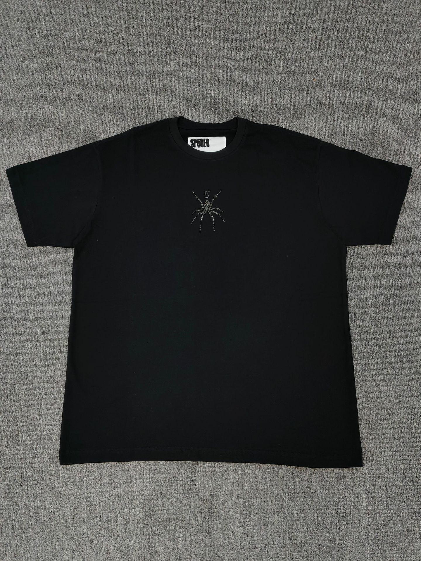 Cross-Border New American High Street T-Shirt Tee Round Neck Trendy Brand Casual Top Black Hot Diamond Spider Sp5Der Short Sleeves