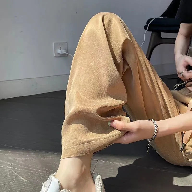 Acetic Acid Wide Leg Pants Women's Summer Thin Satin High Waist Dapdown Casual Pants Ice Silk Straight All-match Khaki Pants