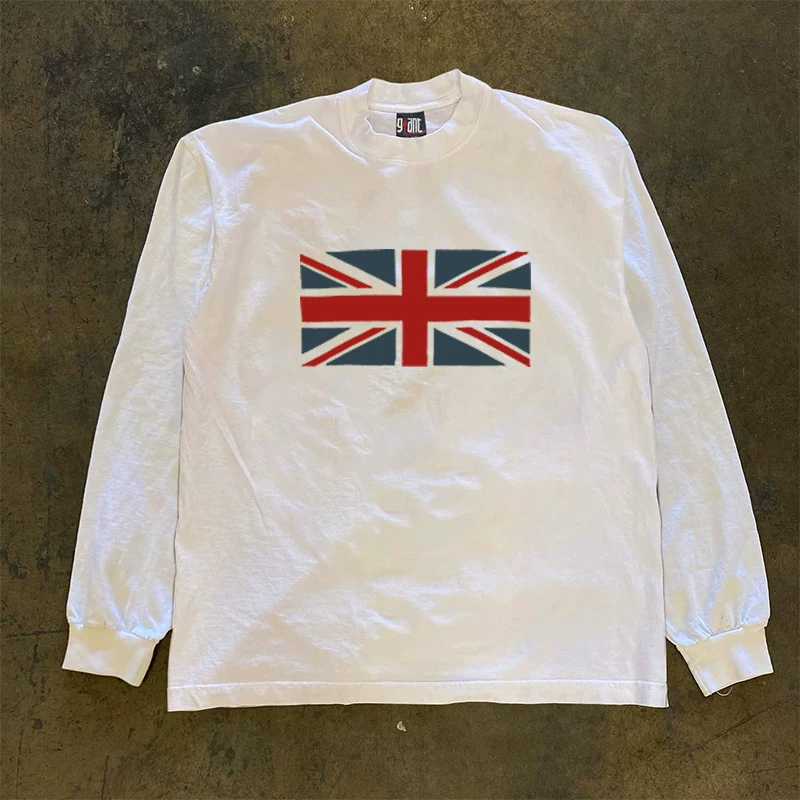 BuettiKer2025 new American retro street flag print pure cotton long sleeved T-shirt unisex top