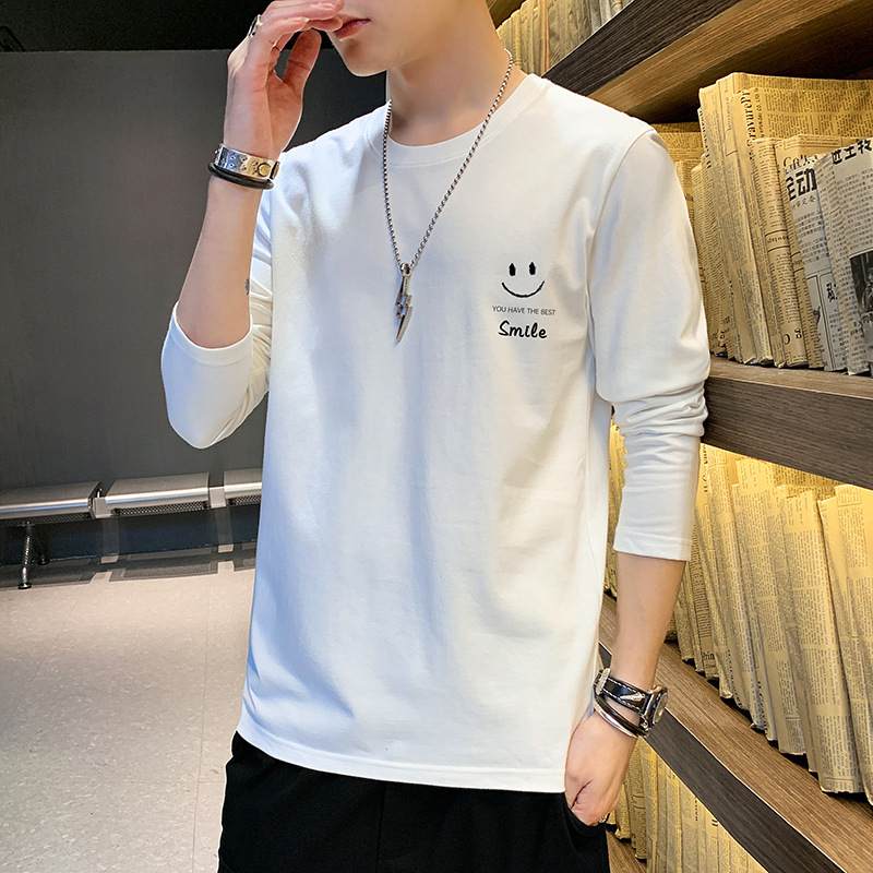 All Cotton Long Sleeve T-shirt Men's Spring and Autumn New Round Neck Loose All-match Sweater Young Handsome Base T-shirt Men's Wear
