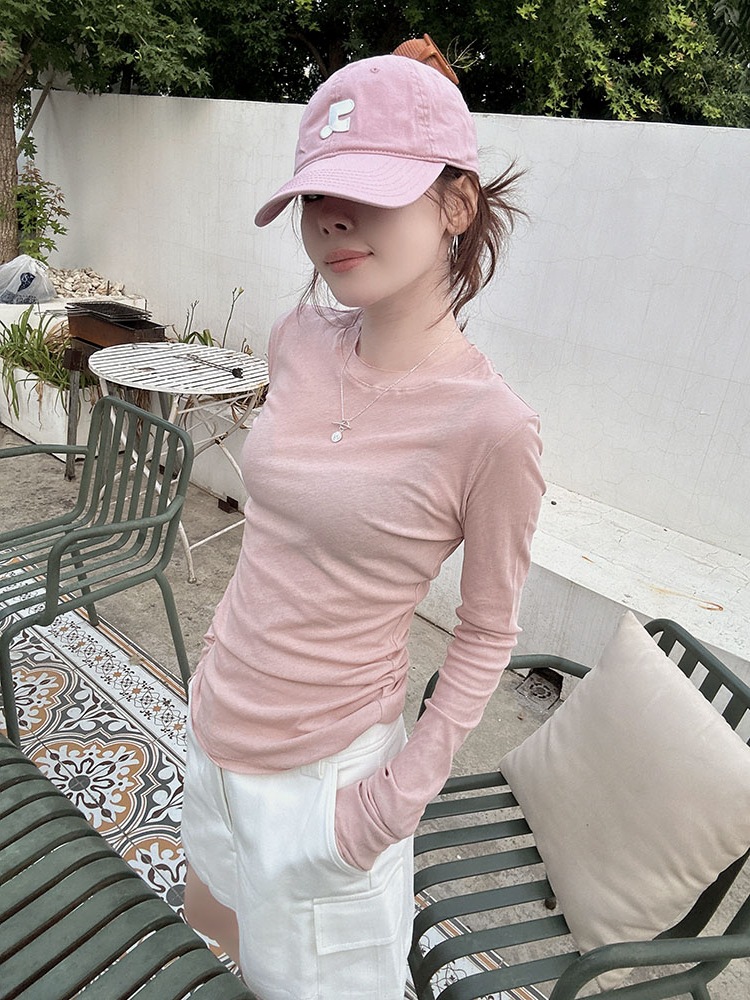 Pink Thin Slightly See-Through Curled Right Shoulder Long-Sleeved T-Shirt for Women in Spring & Fall Slimming Look Inner Layering Shirt Tight Top
