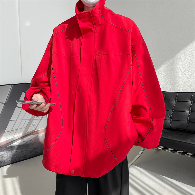 wine red Tooling Hooded Jacket Men's Spring European and American Vibe Style American Hiphop Bomber Jacket Mountaineering Suit