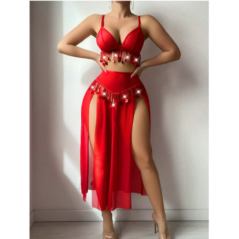 Cross-Border European and American Style Dress-Up Costume Party Red High-Waisted Slit See-Through Skirt Three-Piece Set Sexy Lingerie for Women