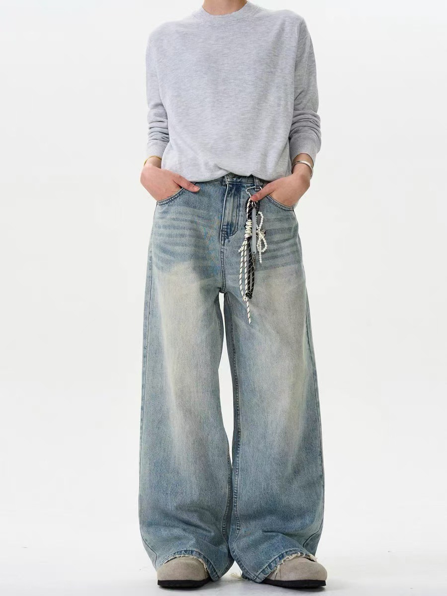 American Vintage cleanfit Washed Old Jeans Men's and Women's Loose Slimming Casual Wide Leg Straight Trendy Pants