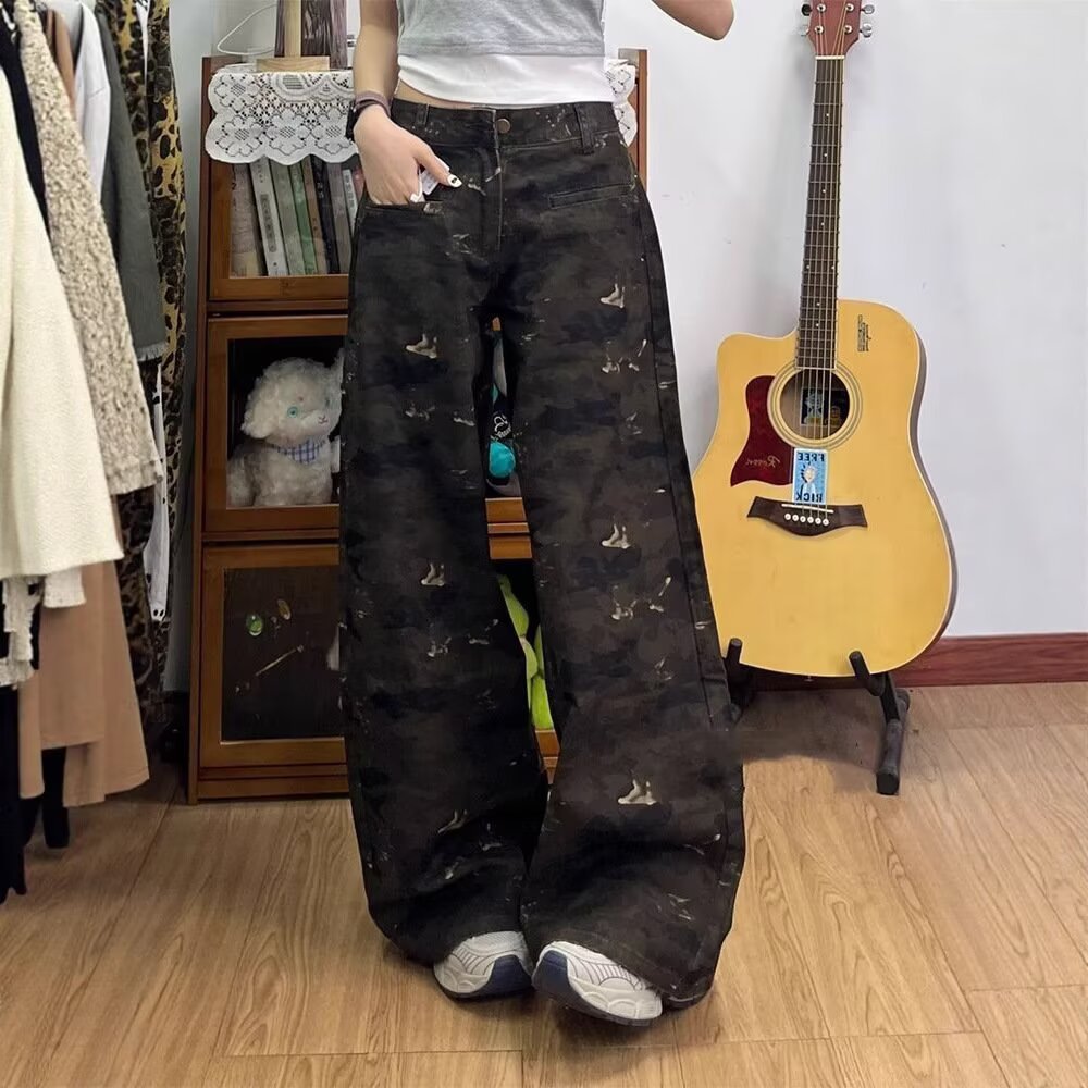 Camouflage Multi-Pocket Deconstructed Workwear Jeans for Men and Women, American-Style Cleanfit Slimming Flared Straight-Leg Pants