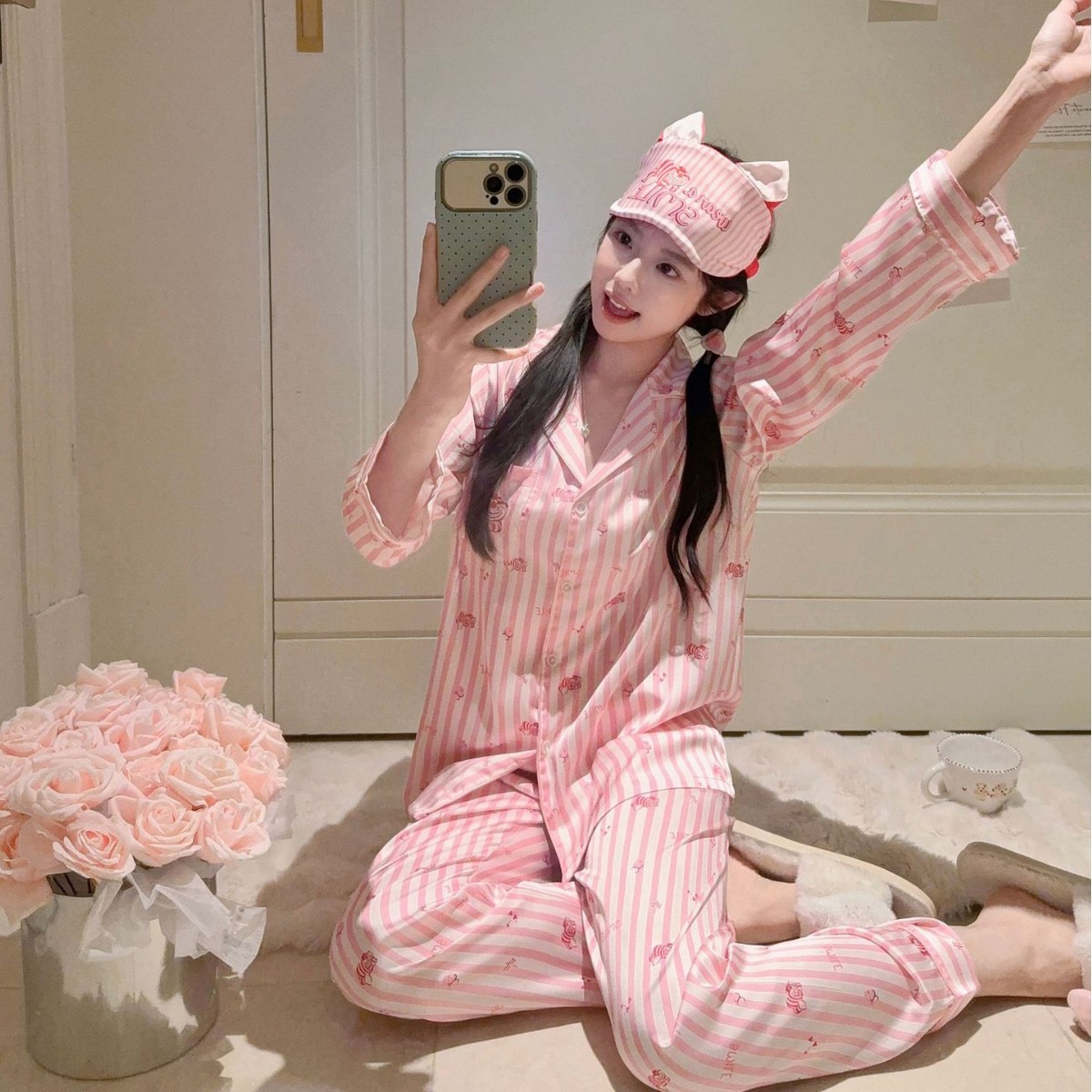 [High-Energy Girl] 2026 Spring New Cartoon Striped Homewear Ice Silk Long-Sleeve Long Pants with Eye Mask