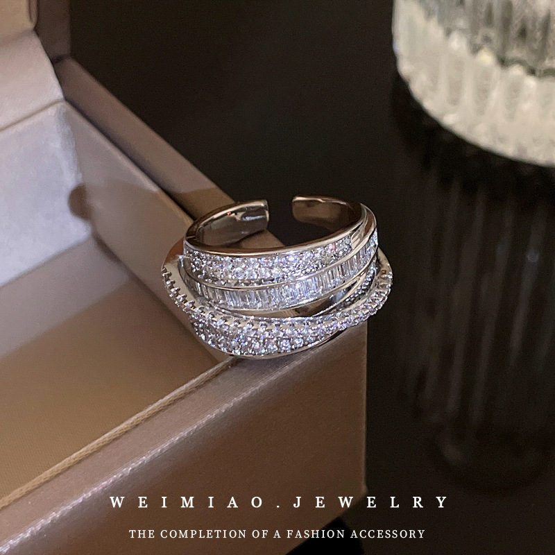 Advanced Sense Silver Zircon Winding Ring Super Flash Personalized ins Geometric Open Finger Ring Tide Cool Heavy Industry Ring