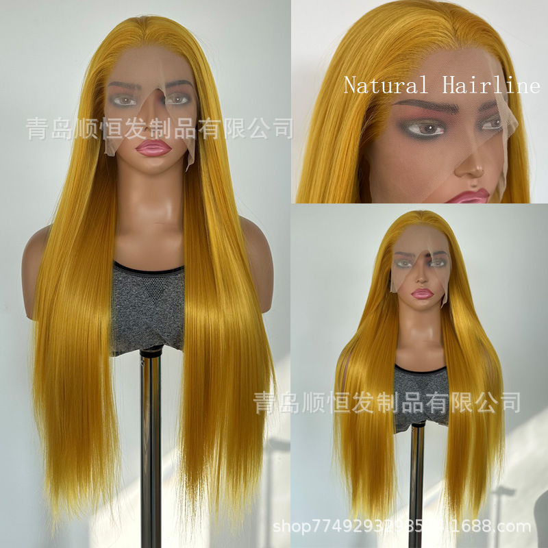 European and American Style Long Hair Lace Front Yellow Long Straight Wig, Heat-Resistant Synthetic Fiber Full Wig, Wholesale from Qingdao Factory