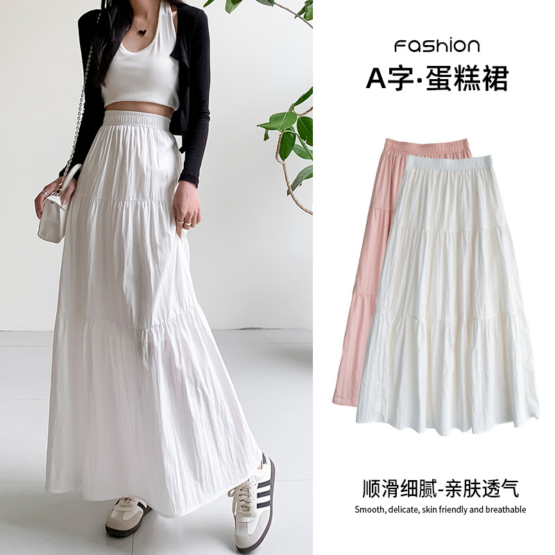 White A-Line Long Skirt for Women, 2026 New Spring/Summer Style, with a Draping Effect, Suitable for Petite Figures, Puffy Tiered Cake Skirt