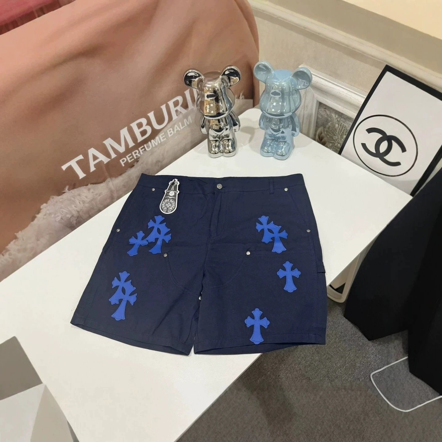 跨境美式顶级CH克罗情侣十字架拼皮镀银扣直筒工装牛仔短裤男女款