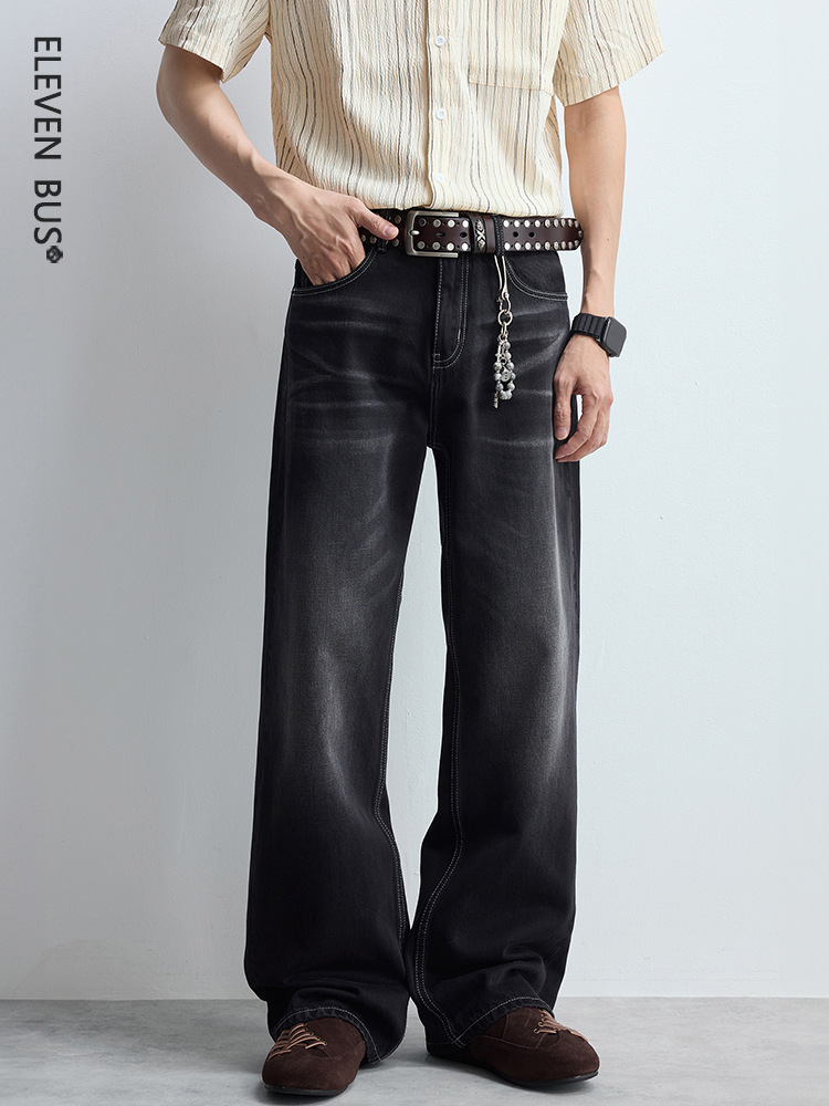 American High Street Style Loose Black Jeans for Men, American Retro Trendy Brand, Vintage Men's Straight-Leg Jeans