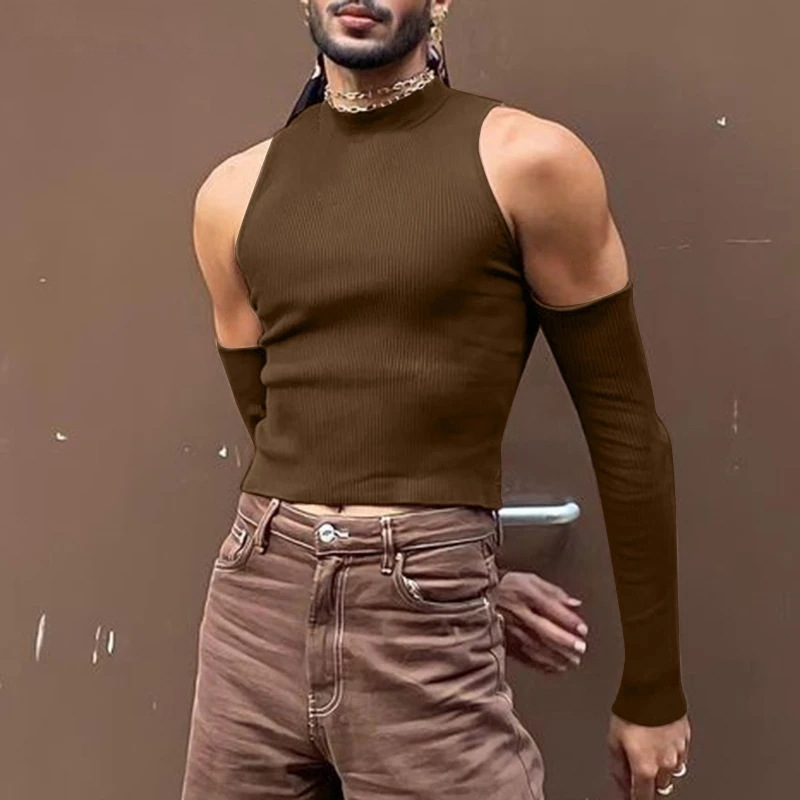 2026 New Foreign Trade Style Aliexpress Off-Shoulder Long-Sleeve Casual European and American High-Neck Men's Hollow-Out Sexy T-Shirt