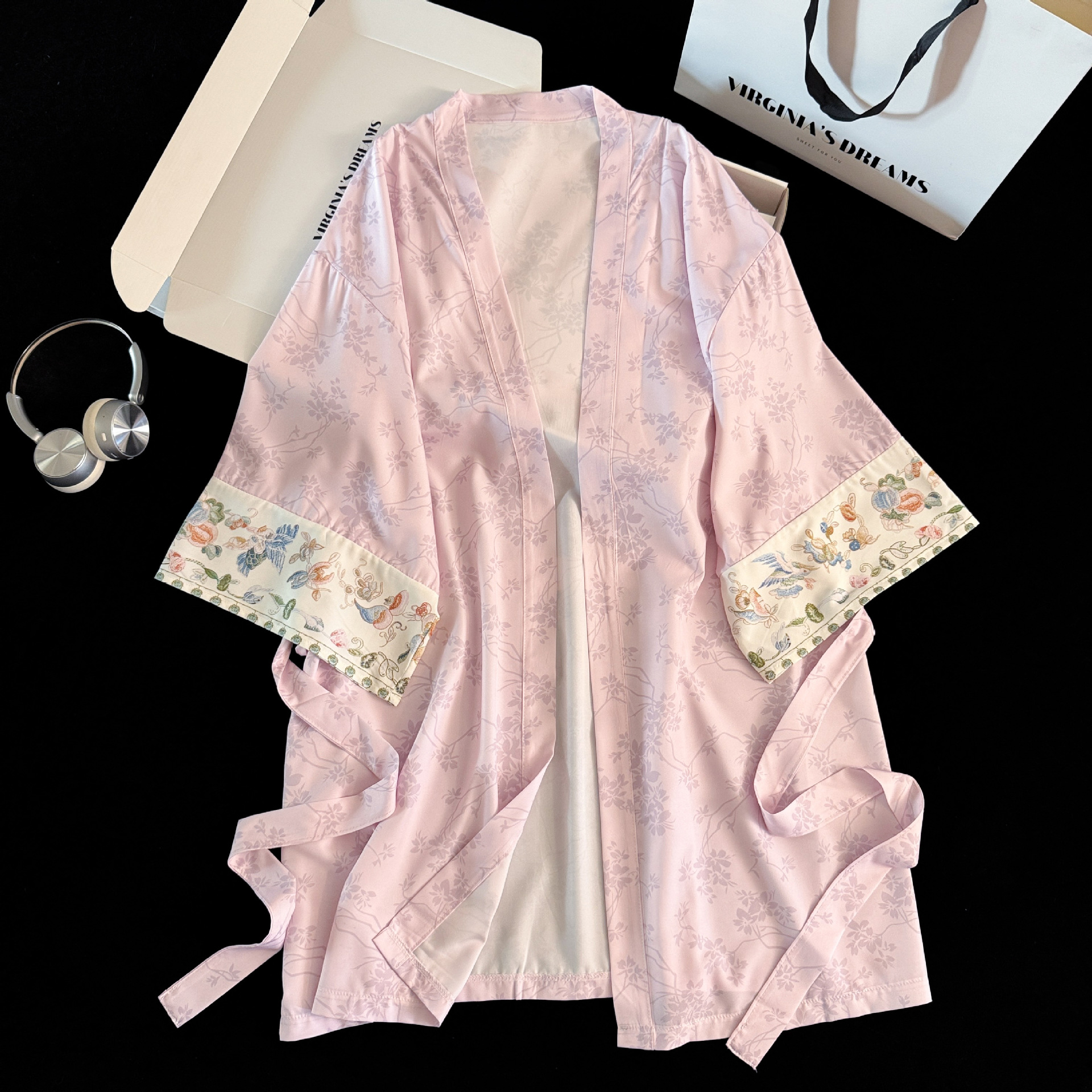 National Style Jacquard Satin Spring and Autumn Sexy Silk Nightgown for Women, Thin Lace-Up Long Bathrobe, Summer Sleepwear for Women