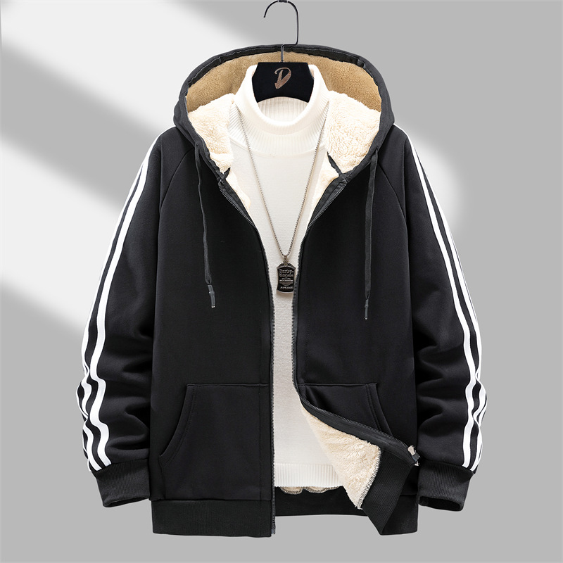 Lambskin Cardigan Large Size Sweatshirt Men's Sports Top Fleece-Lined Hooded Sweatshirt Autumn and Winter Thickened Warm Coat