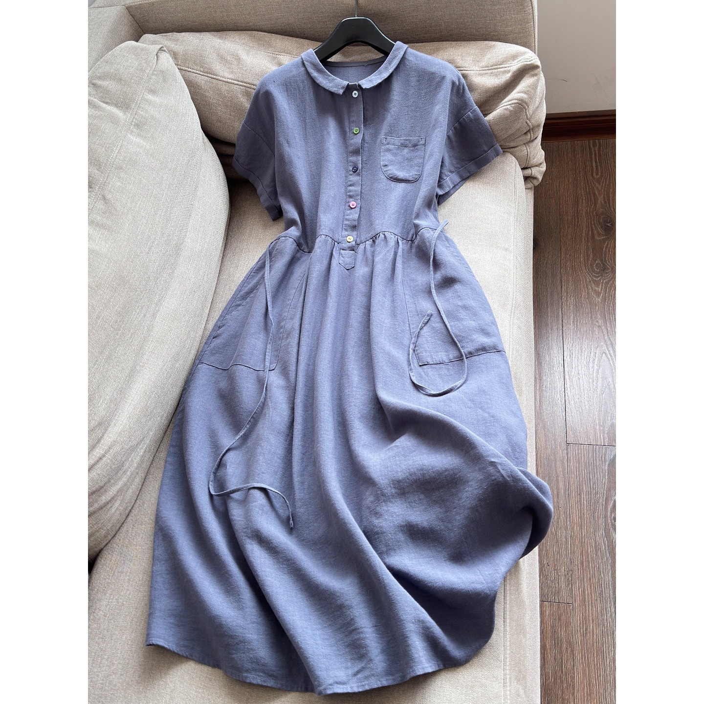 2026 New Ramie Solid Color Doll Collar Age-Reducing Dress with Adjustable Waist Long Dress Wholesale H12Bq5821