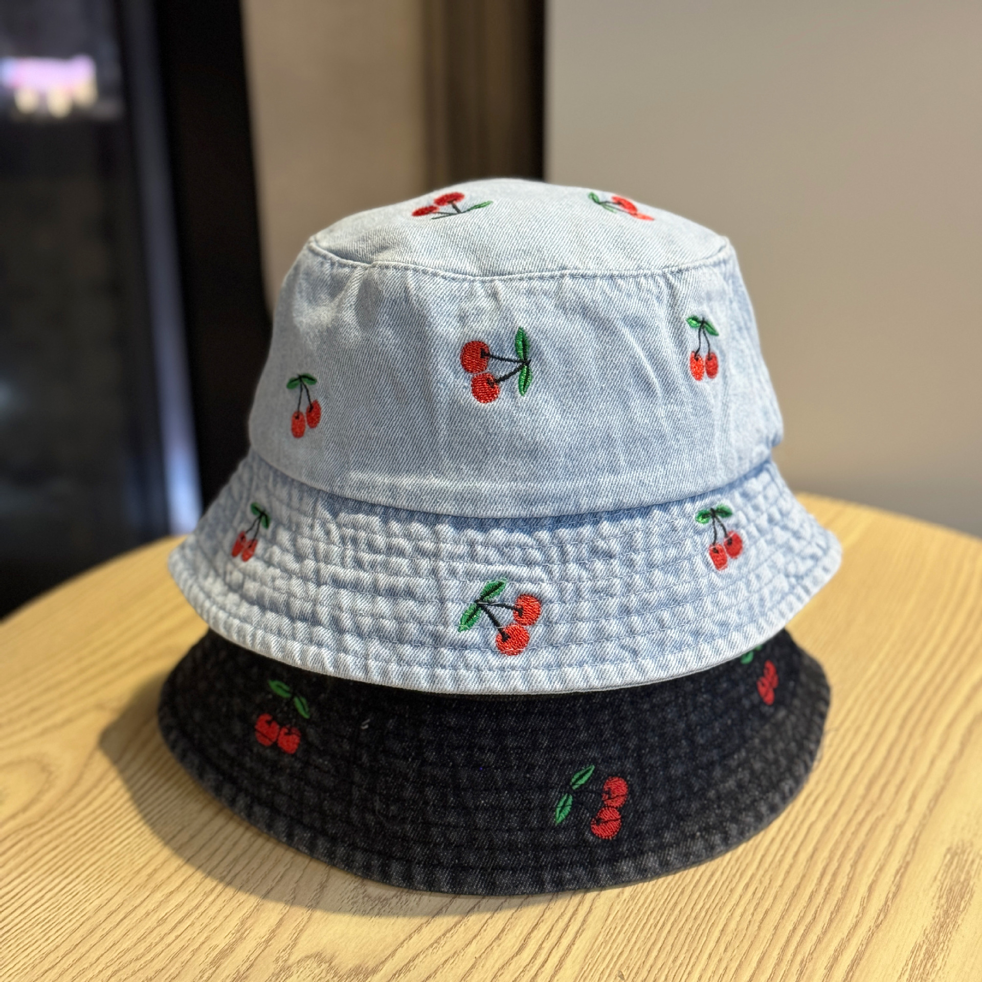 Spring and Summer New Style Small Cherry Denim Fisherman Hat for Women, Fashionable and Cute Sun Hat, Outdoor Casual Sun Protection Trendy Bucket Hat