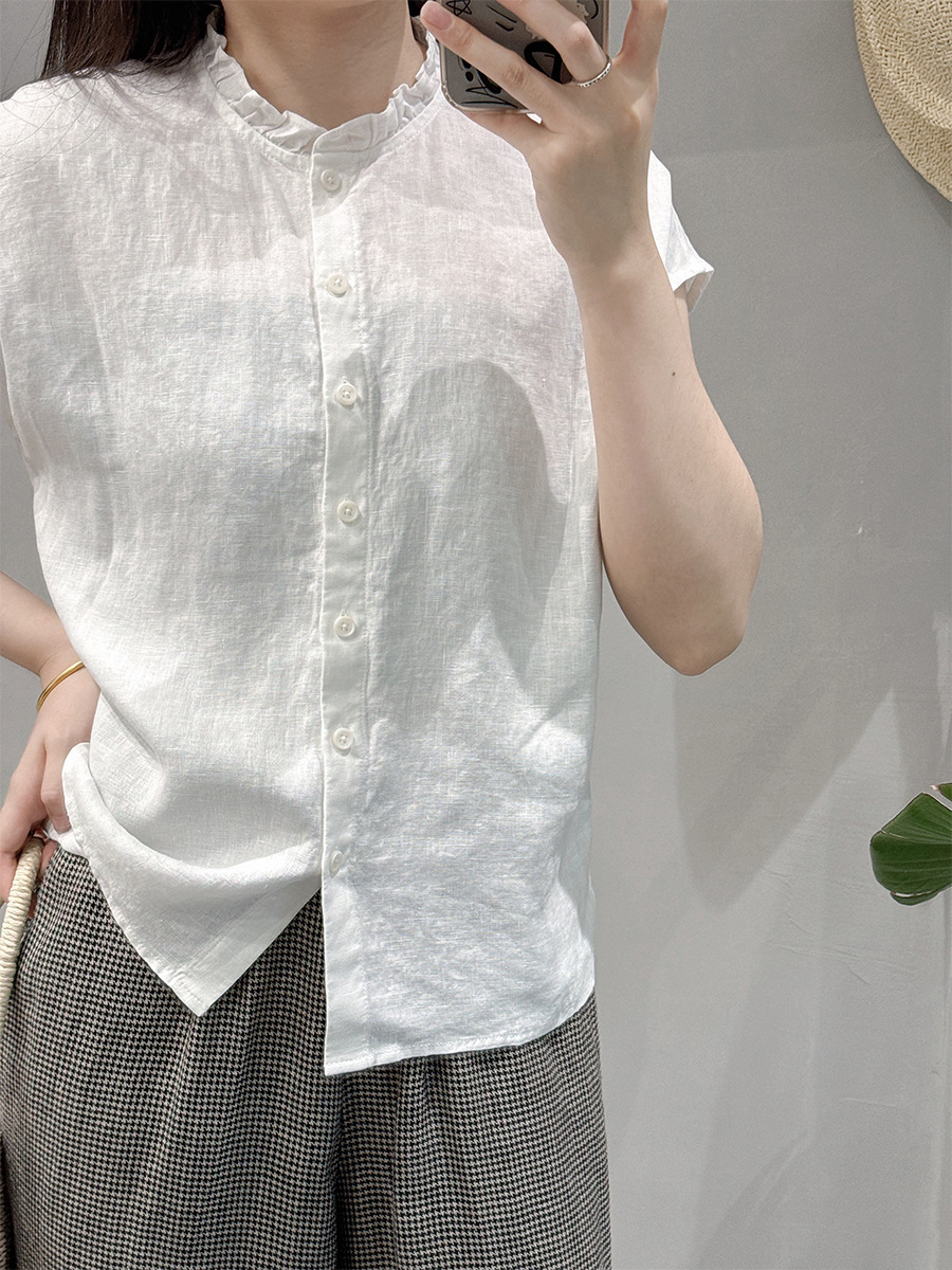 Summer New Linen Shirt for Women, Youthful Lace Collar, All-Linen Short Blouse for Commuting