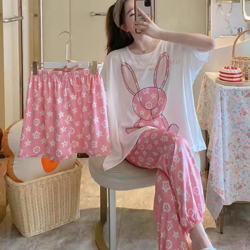 New Style Pajamas for Women, Summer Three-Piece Set, Short-Sleeved Shorts, Long Pants, Loose-Fitting Korean Style Cartoon Large Size Home Wear Set