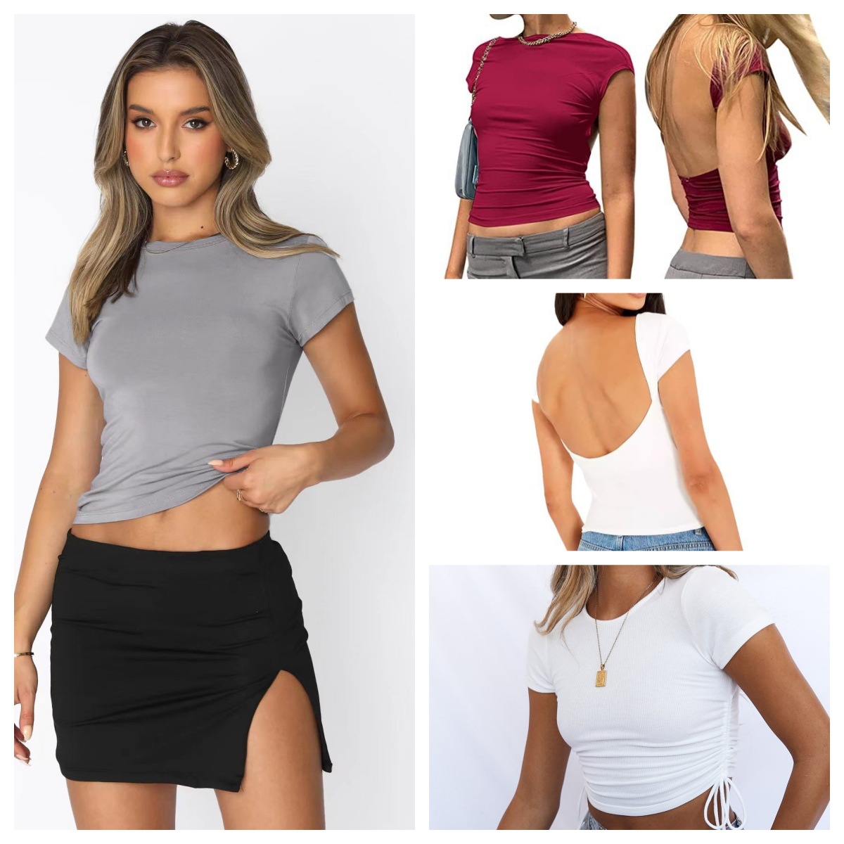 2025 New Export Women's Short Navel-Baring Short-Sleeved Fashion Slim Top Slimming Look Pure Color Short-Sleeved Round Neck T-Shirt