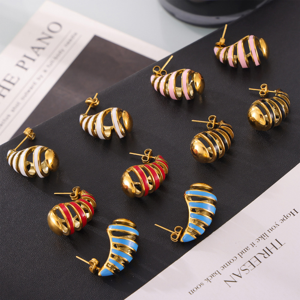 European and American Color Spiral Water Drop Oil Drop Earrings Hollow Elegant Design Sense Earrings Light Luxury Titanium Steel Fadeless Earrings