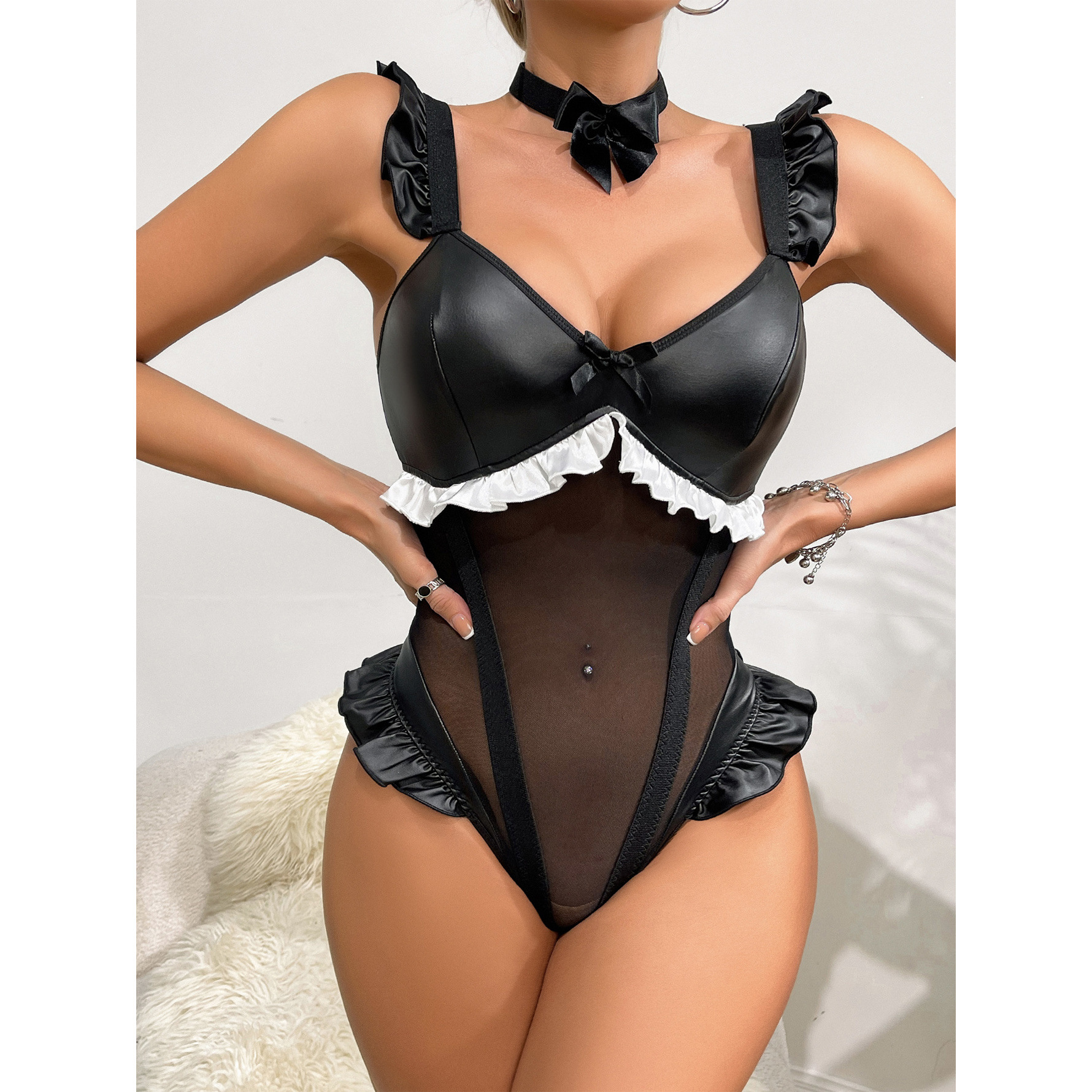 Cross-Border Sexy Lingerie, Sexy Uniform, Temptation, Cute Bow, Pu Dead Water Jumpsuit Suit, One Piece Drop Shipping