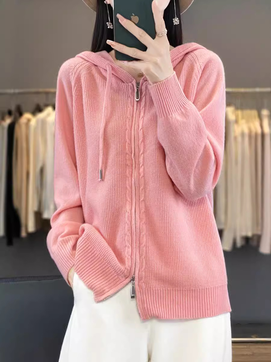 2024 Spring New Wool Blend Women's Short Zipper Cardigan Loose Plus Size Knitted Hooded Sweater