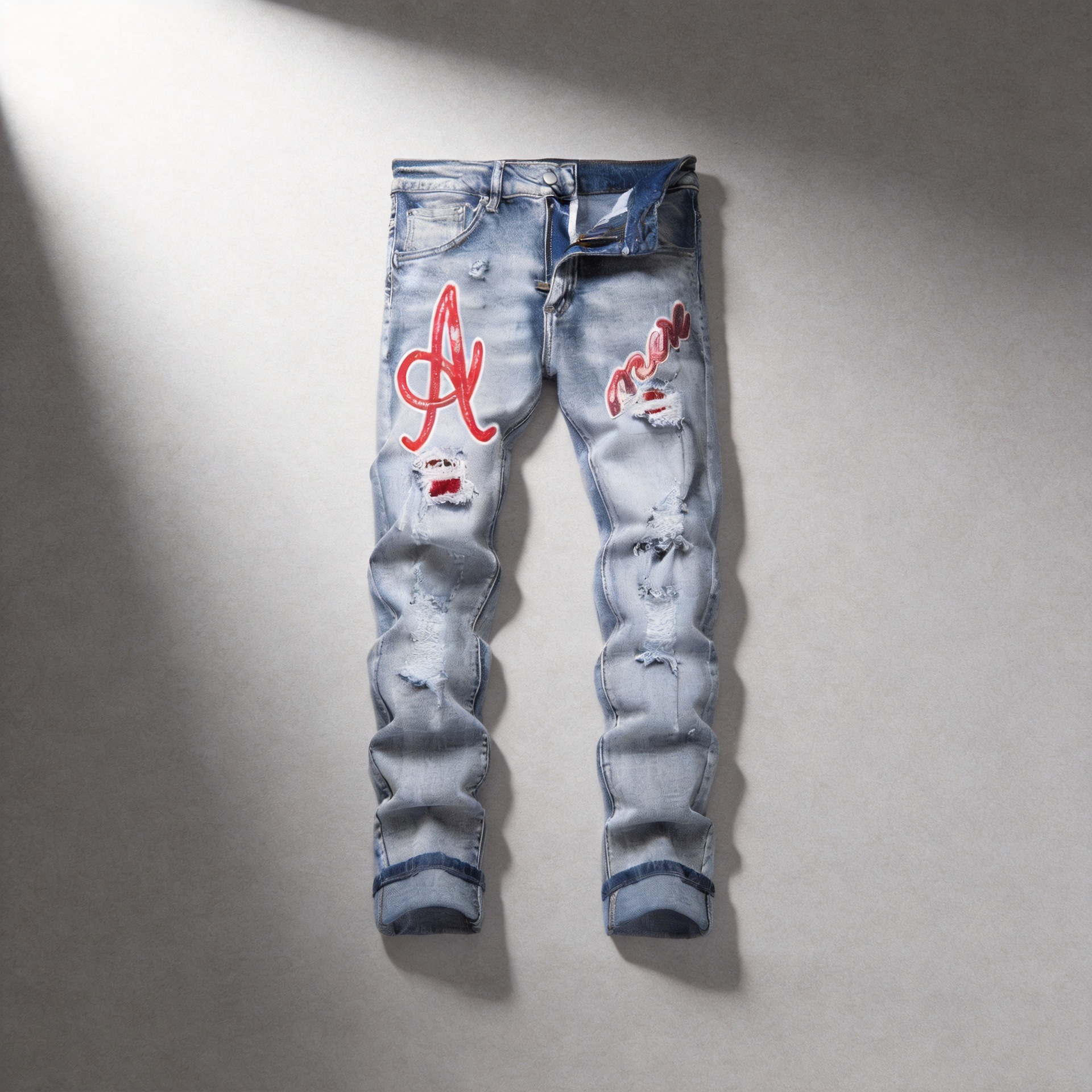New European and American Fashion Trendy Men's Jeans, High Street Brand with Printed Design, Ripped Patches, Slim Straight Men's Pants
