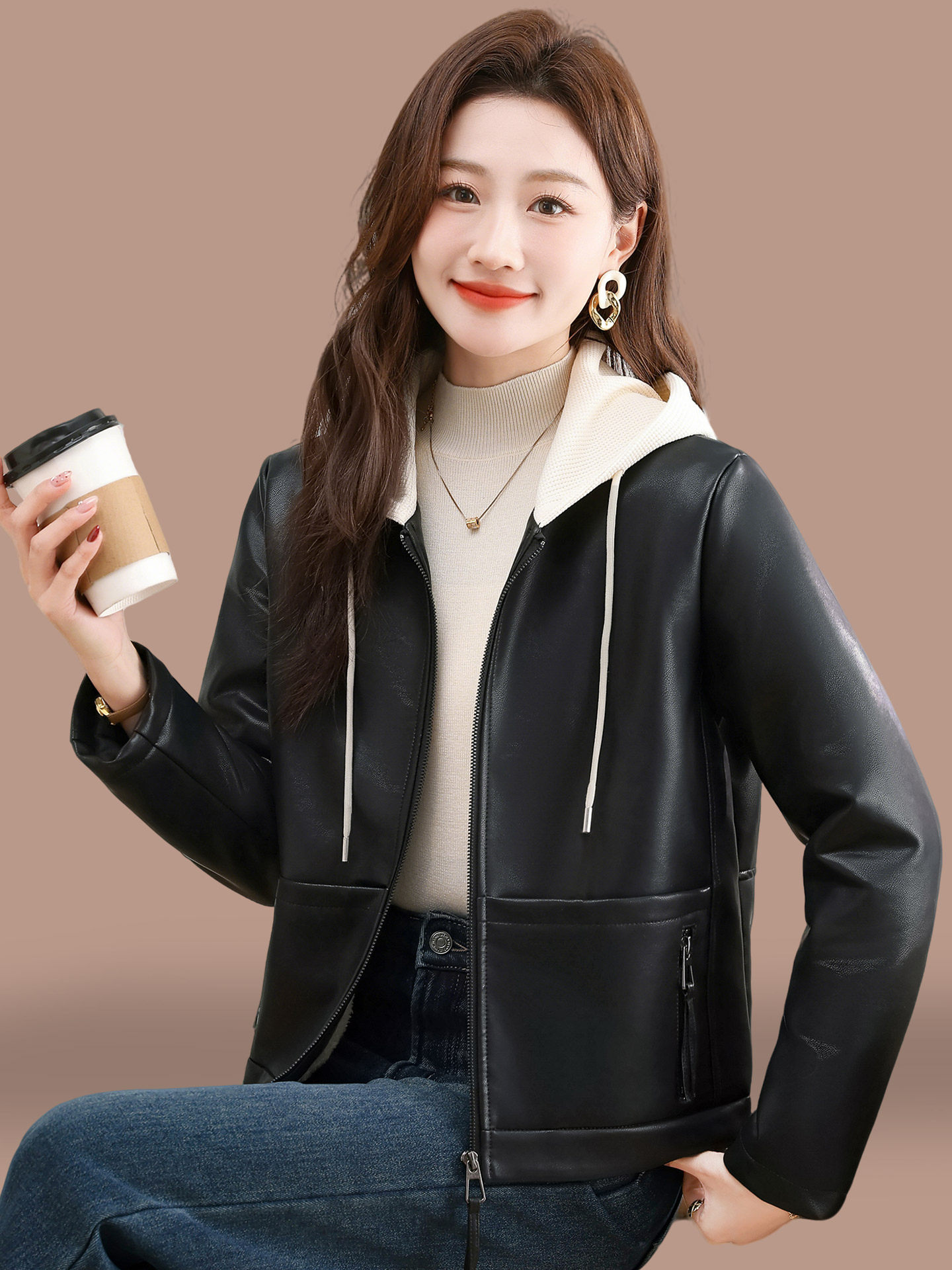 Black Leather Jacket for Women 2026 New Style Spring and Autumn Petite Fashionable Casual Hooded Patchwork Pu Leather Jacket