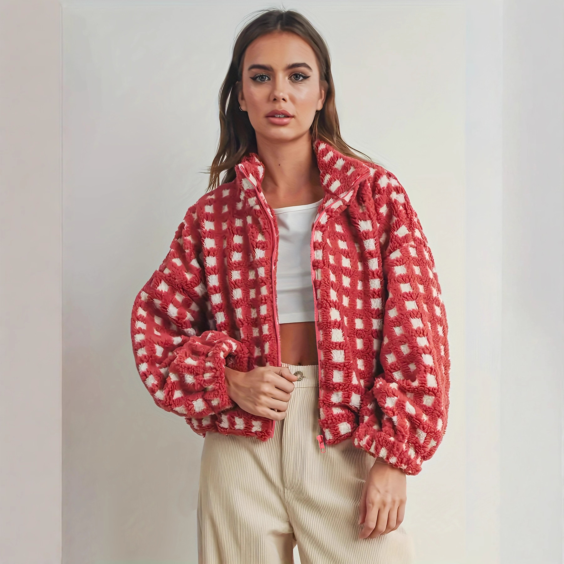 European and American Cross-Border Export Amazon 2025 Autumn and Winter Hot-Selling Fashionable Design Plush Red Plaid Jacket for Women