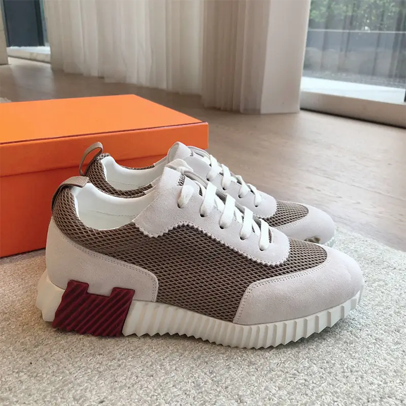 In-Stock H Brand Casual Sports Shoes, Genuine Leather, Comfortable Thick-Soled Couple Color-Blocking Flat Breathable High-Version Casual Running Shoes