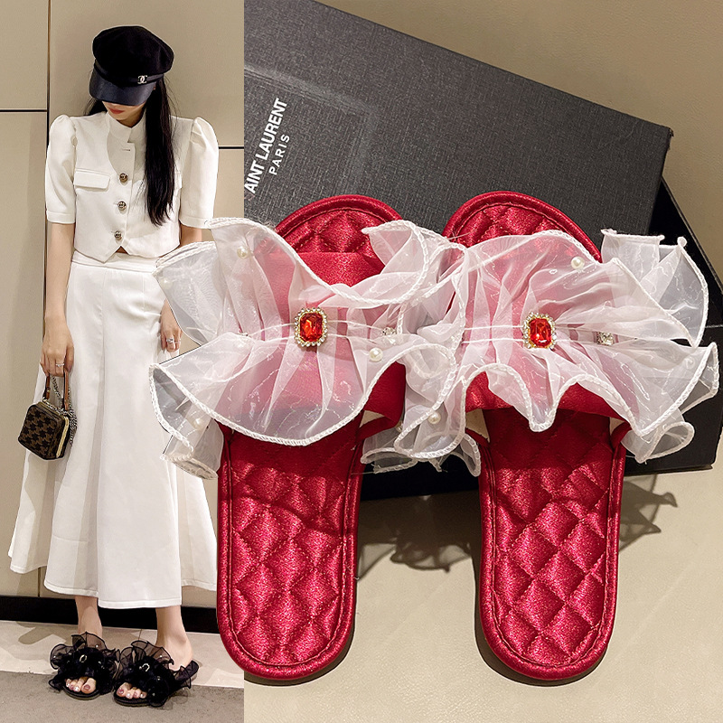 Benmingnian Red Festive Sandals Women's Satin Small Chanel Style Home Sandals Big Red Bride and Groom Wedding Shoes