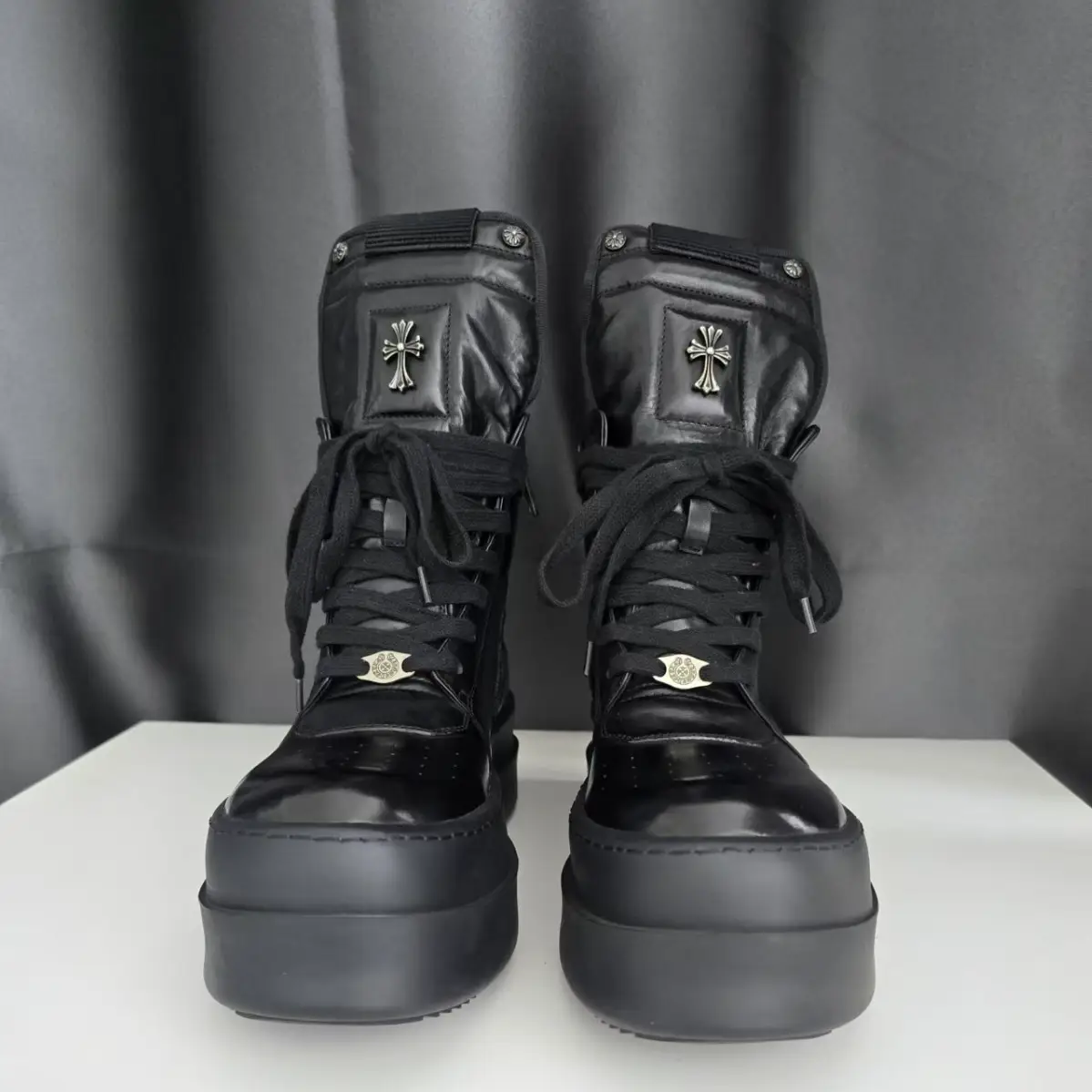 Dark High Street Style Black Retro Horse Leather Inverted Triangle Genuine Leather High Top Shoes Men's Thick Sole Increased Milk Fragrance Casual Sneakers