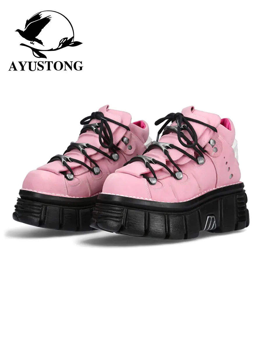 AYUSTONG pink thick soled shoes, sweet and cool, men's and women's punk shoes, niche heavy industry high top, explosive street dad shoes, trendy
