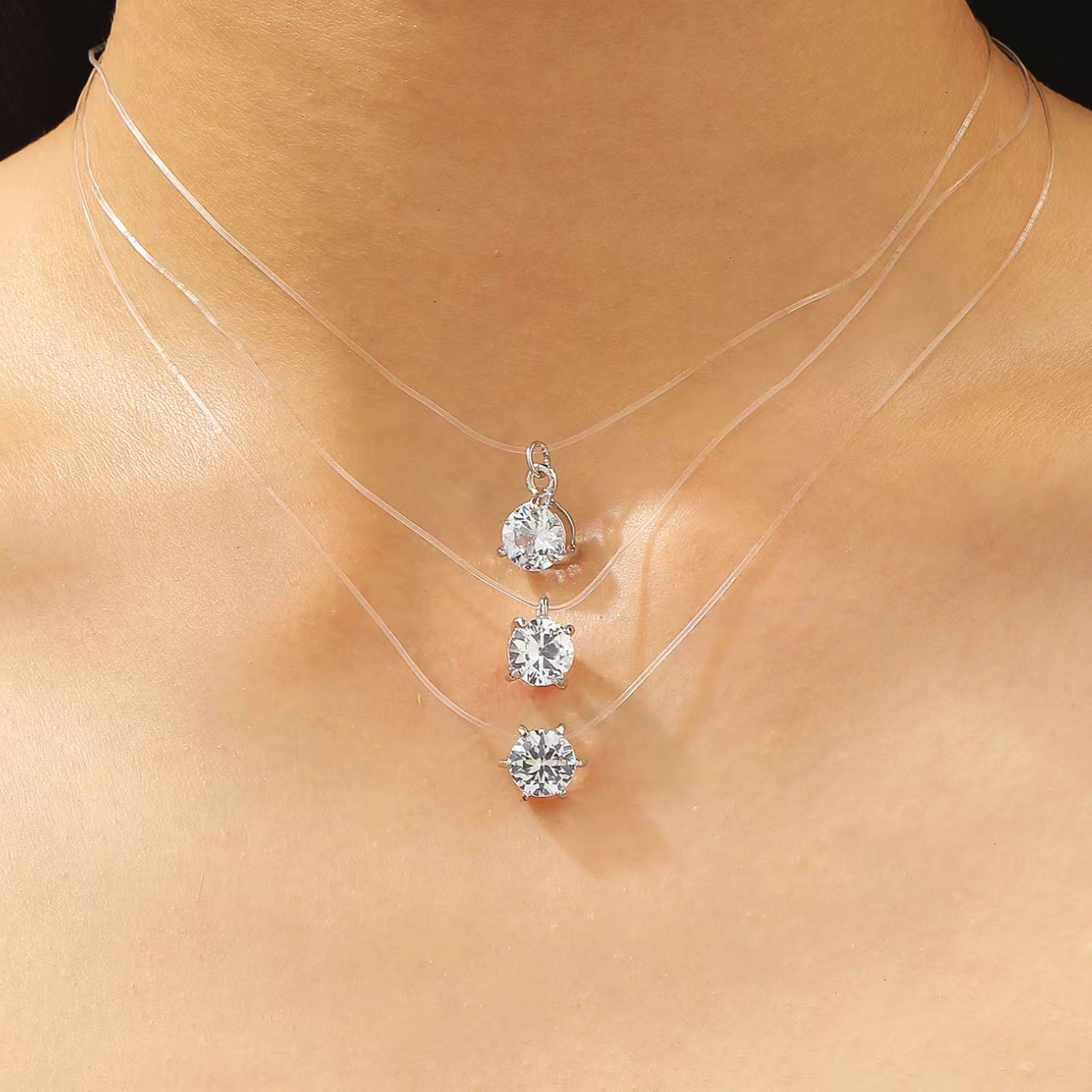 Cross-Border Fashion Simple Water Drop Glass Invisible Fishing Line Necklace for Women, Simple and Cool Multi-Layered Clavicle Chain