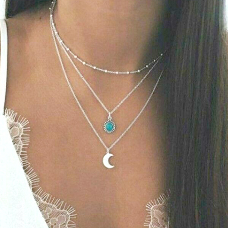 European and American trend all-match necklace personalized retro turquoise multi-layer necklace women's Moon clavicle necklace