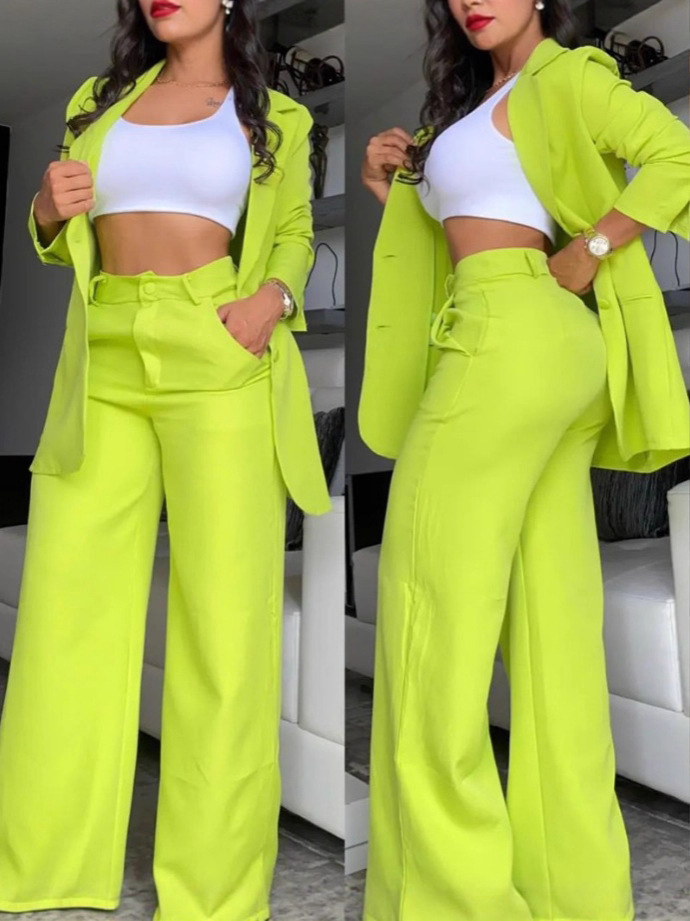Cross-Border 2025 European and American Foreign Trade Summer Women's Clothing Elegant Solid Color Split-Sleeve Lapel Blazer Straight-Leg Pants Suit for Women