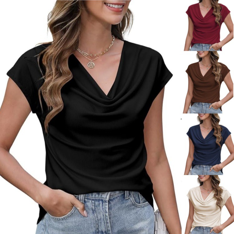 2026 Amazon Cross-Border Fashion 2026 Spring/Summer European and American Women's Fashion Stacked Collar Top Casual Fashion Solid Color Short Sleeve