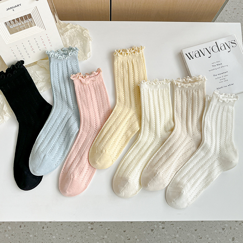 Cotton socks ladies lace socks spring and summer thin wooden ear stockings cotton hollow pile socks wholesale cotton socks