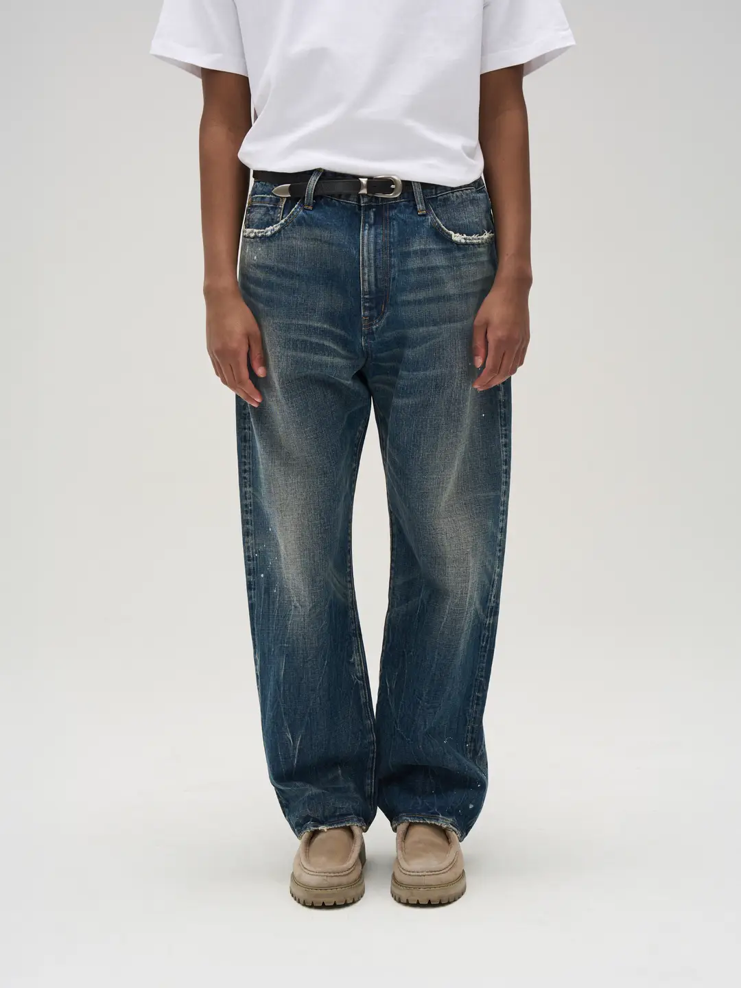 Tires 25Ss Nissan Washed Denim pants Retro Straight-leg Loose Silhouette Denim Red Ear parka Men and Women