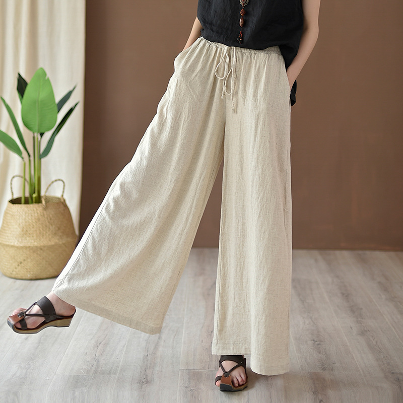 2026 Summer New Cotton and Linen Women's Clothing, Artistic Retro Sand-Washed Women's Yoga Pants, Linen Drawstring Casual Wide-Leg Pants