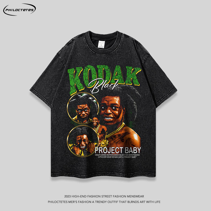 American high street rap portrait heavy washed short-sleeved T-shirt men's and women's retro hip hop street long-sleeved bottoming tee shirt