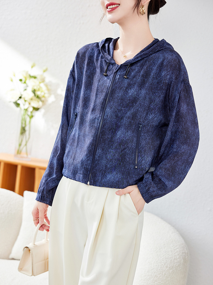 Denim Blue Silk Short Jacket for Women 2026 Long-Sleeve Casual Hooded High-End Stylish Outerwear Fashionable Mulberry Silk Top