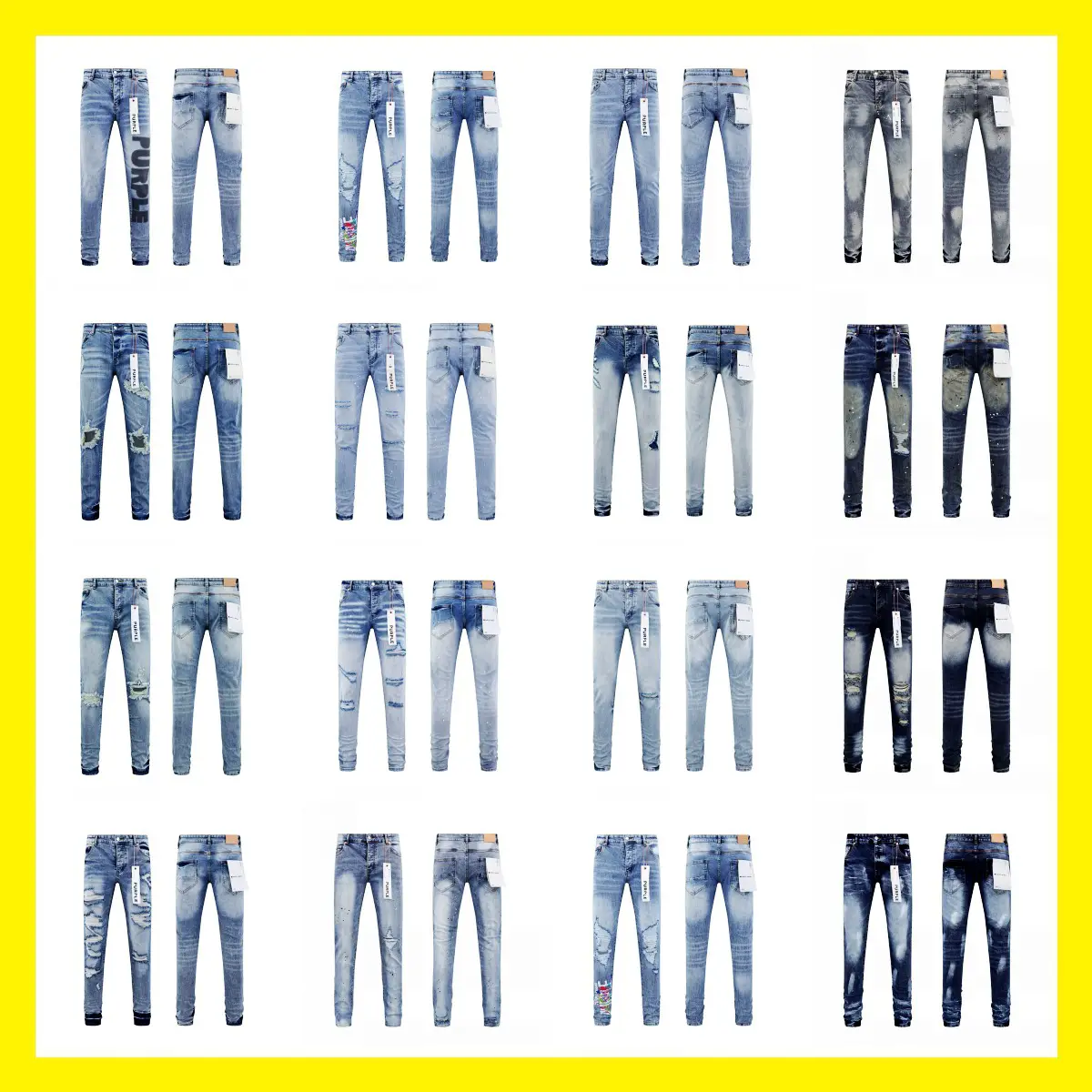 Foreign Trade Wholesale American High Street Fashion Brand Purple Retro Small Feet Splash Graffiti Scratched Hole Tight Jeans