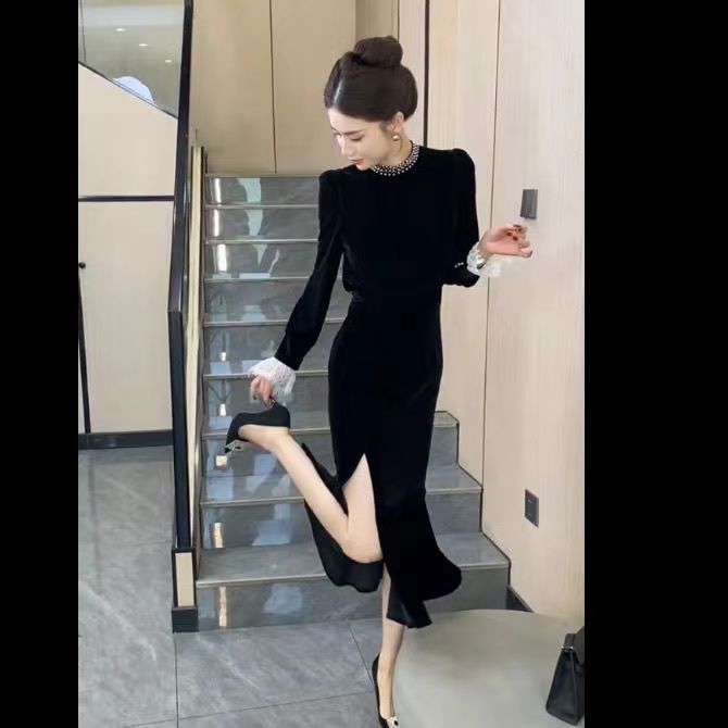 Lace Stitching Fishtail dress Women's 2025 Spring and Autumn New Elegant Socialite Bead Fashion Black Velvet Skirt