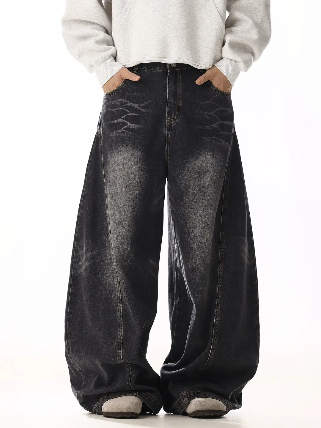 American Retro Whiskered Design Black Scimitar Jeans for Men and Women, Cool and Vintage, High Street Loose Casual Wide-Leg Pants