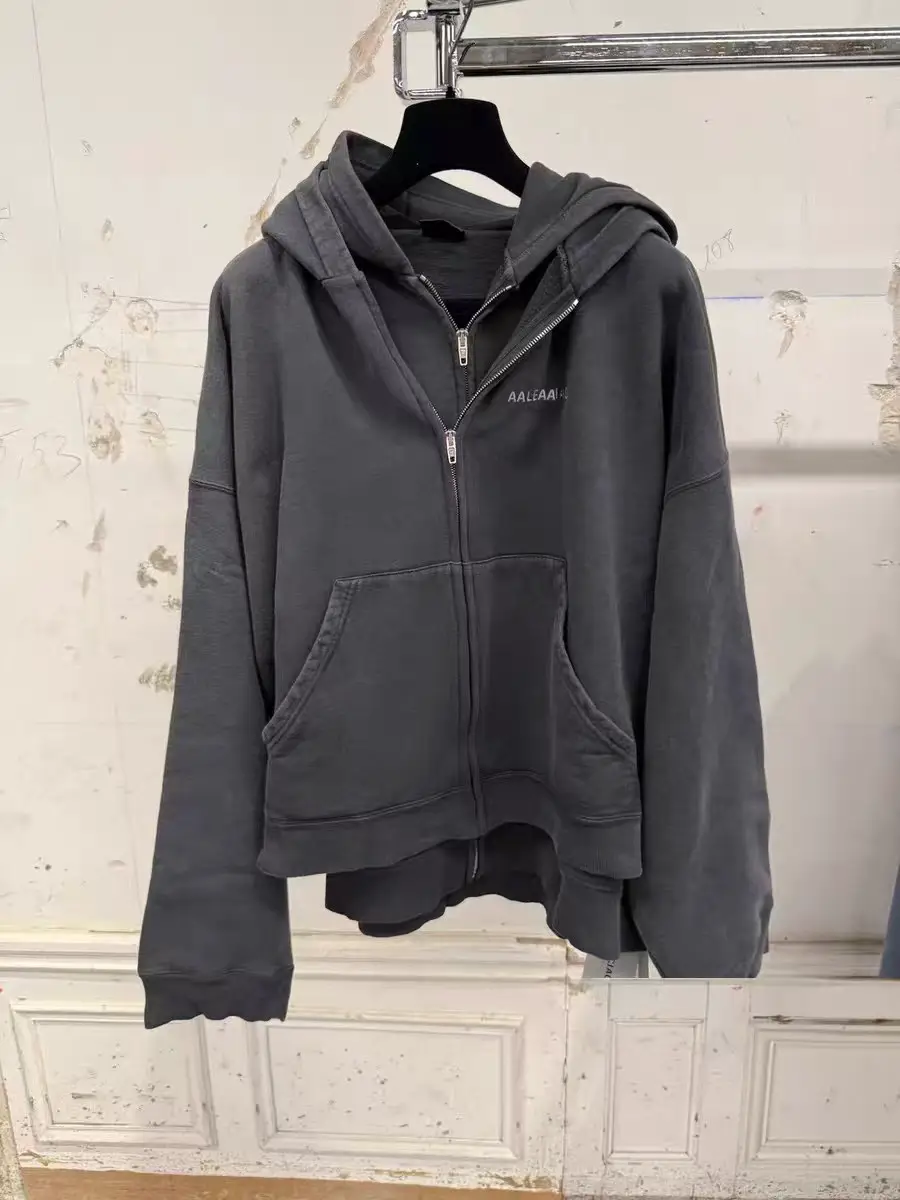 Top-Tier Version! Paris Style 26Fw Coke Wave Embroidery Faux Two-Piece Washed Loose Zipper Hoodie