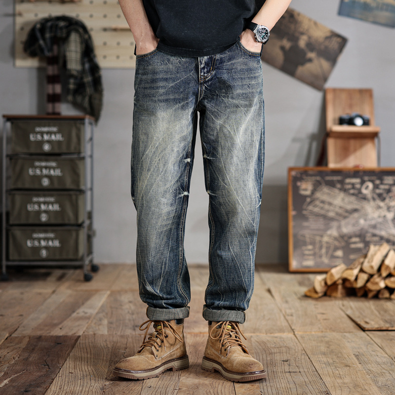 6501 | Summer New Heavy Industry Washed Lightning Crack Jeans Men's Loose American Street Retro Trousers